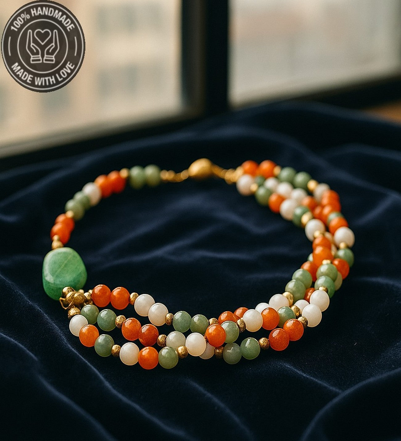 Dumanlı Kuvars Turuncu Akik Aventurin 3 Sıralı Kolye