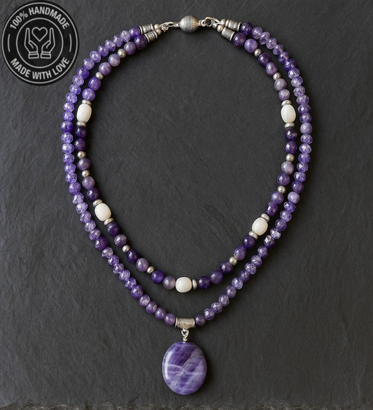 Premium Serisi Ametist Inci 2 Sıralı Saflık Ve Huzur Enerji Kolyesi