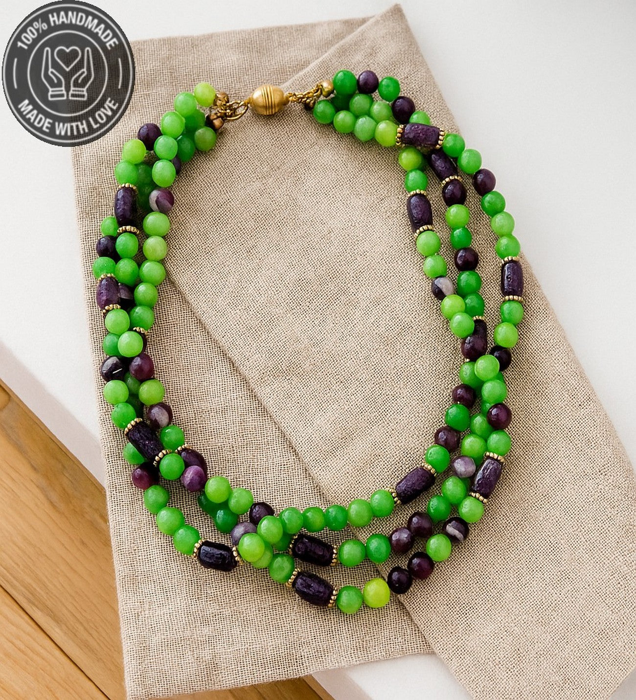 Mor Akik Yeşil Ceyt 3 Sıralı Huzur Bereket Ve Nazardan Koruma Kolyesi