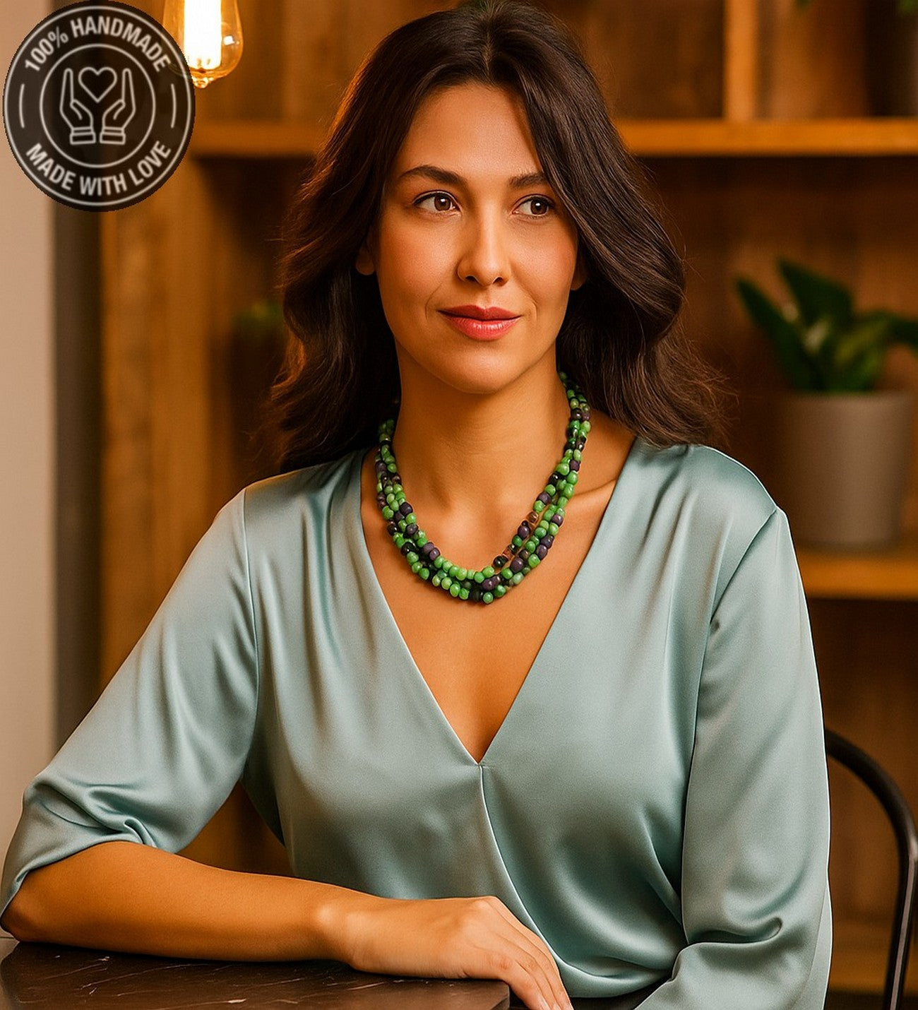 Mor Akik Yeşil Ceyt 3 Sıralı Huzur Bereket Ve Nazardan Koruma Kolyesi