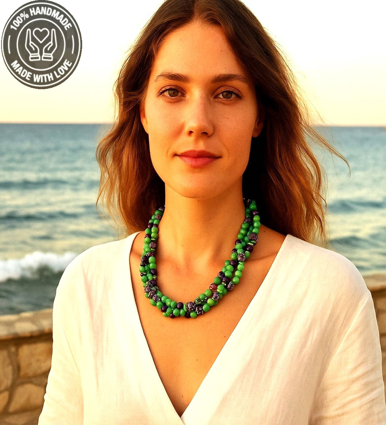 Mor Akik Yeşil Ceyt 3 Sıralı Huzur Bereket Ve Nazardan Koruma Kolyesi