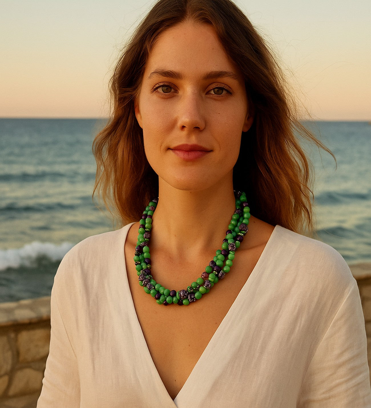Mor Akik Yeşil Ceyt 3 Sıralı Huzur Bereket Ve Nazardan Koruma Kolyesi