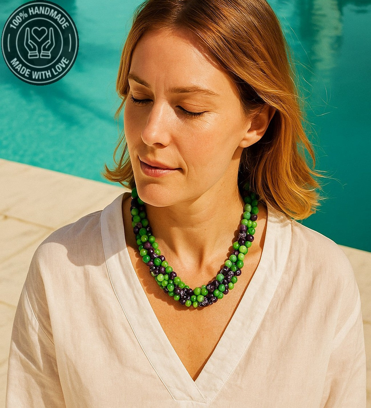 Mor Akik Yeşil Ceyt 3 Sıralı Huzur Bereket Ve Nazardan Koruma Kolyesi