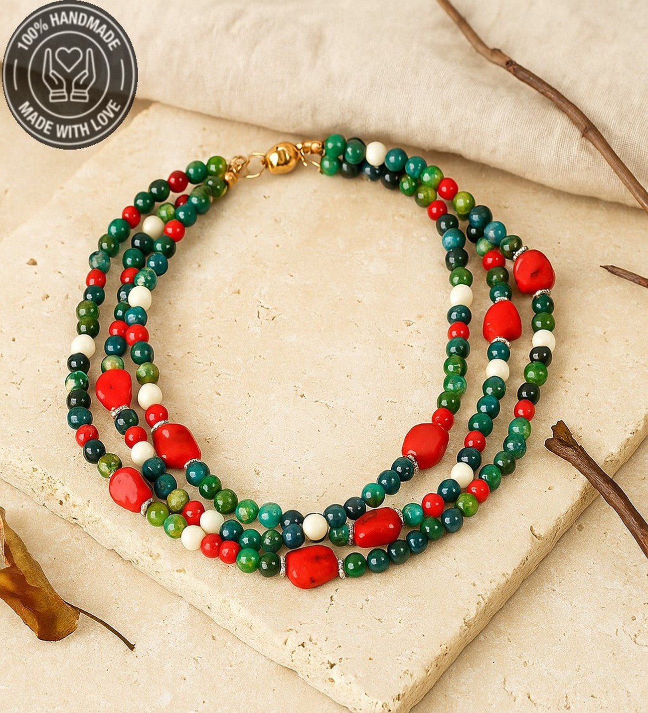 Mercan Akik Havlit Denge Huzur Ve Nazar Koruması Için 3 Sıralı Kolye