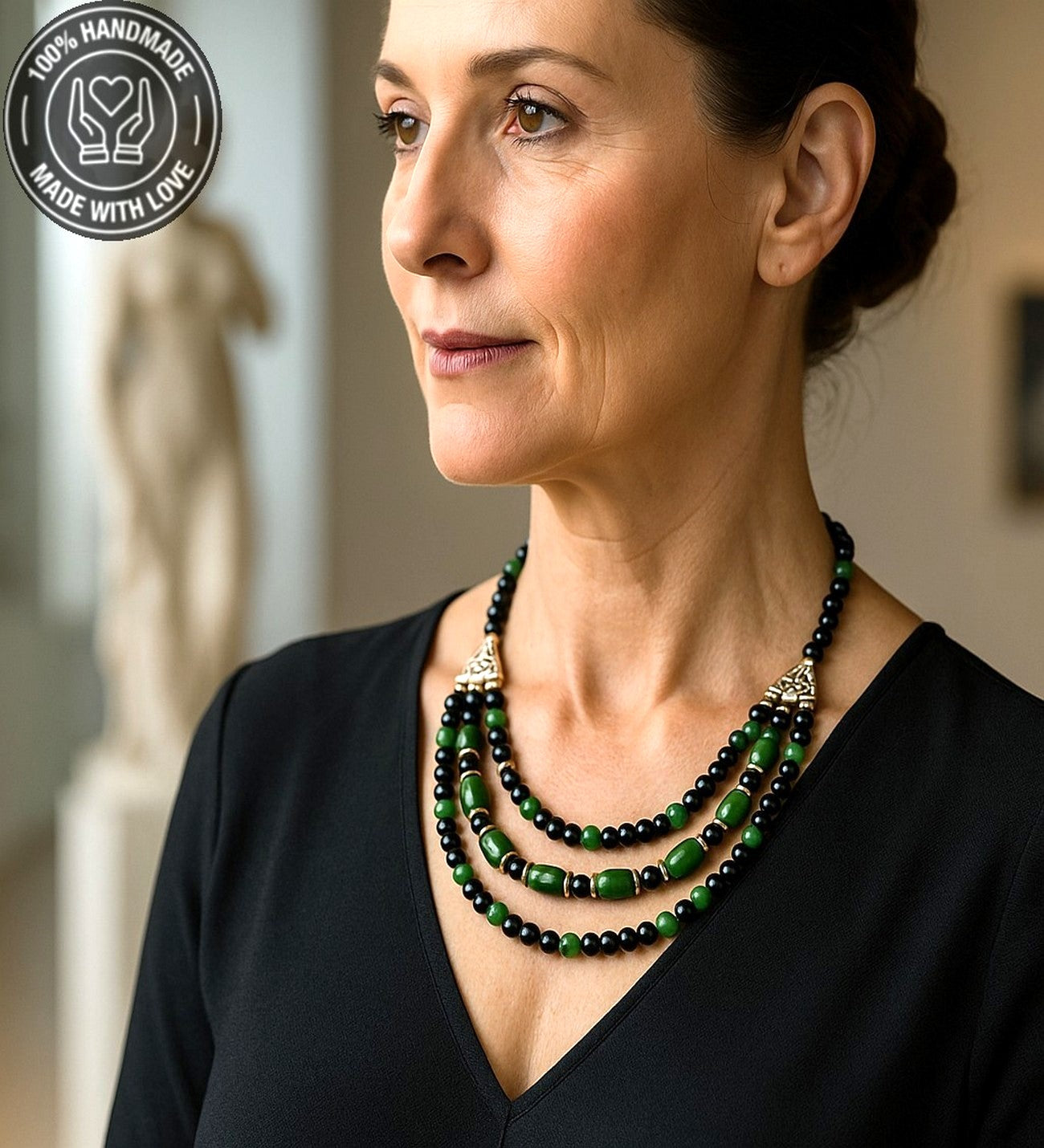 Akik Oniks 3 Sıralı Nazar Koruması Kendine Güven Ve Enerji Kolyesi