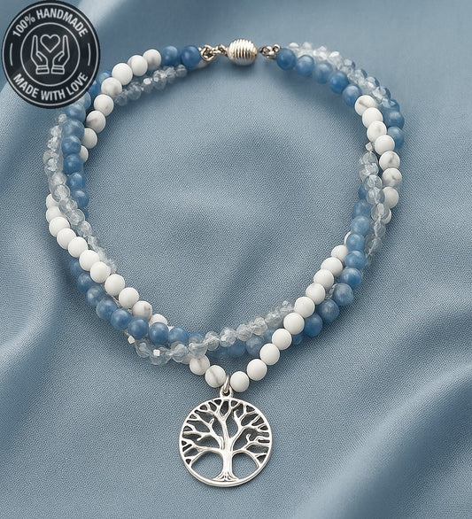 Akuamarin Ceyt Havlit Kristal 3 Sıralı Şifa Enerji Ve Cesaret Kolyesi