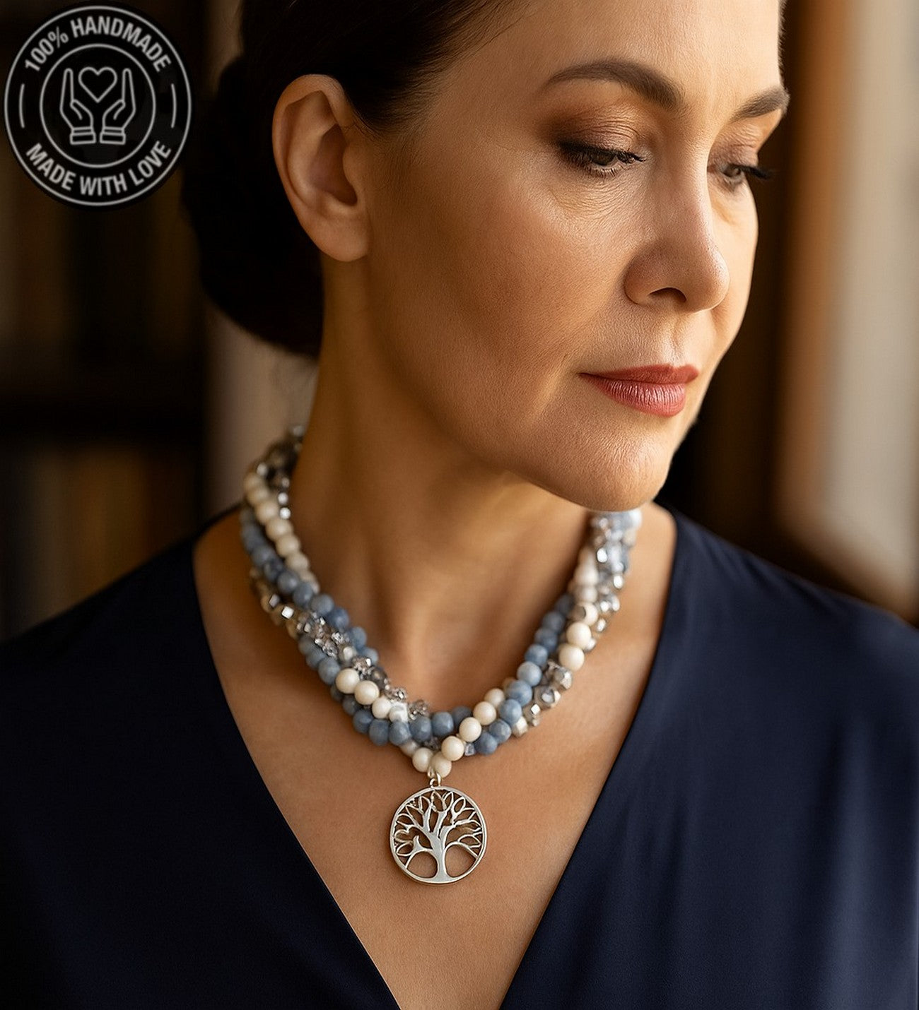 Akuamarin Ceyt Havlit Kristal 3 Sıralı Şifa Enerji Ve Cesaret Kolyesi