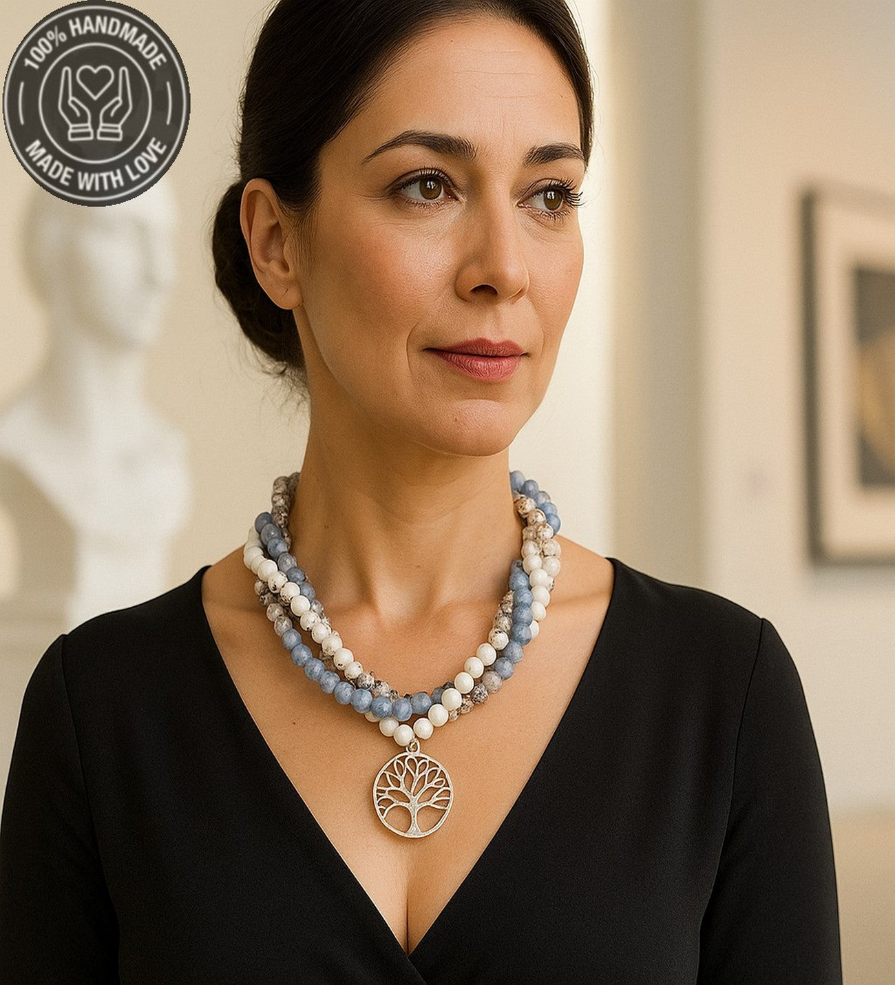 Akuamarin Ceyt Havlit Kristal 3 Sıralı Şifa Enerji Ve Cesaret Kolyesi