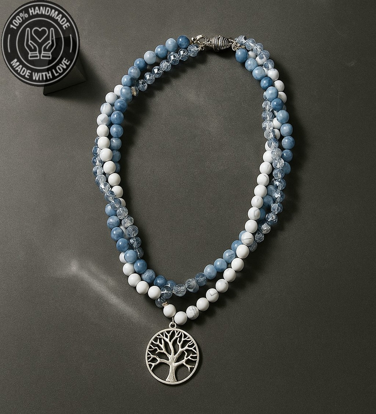 Akuamarin Ceyt Havlit Kristal 3 Sıralı Şifa Enerji Ve Cesaret Kolyesi