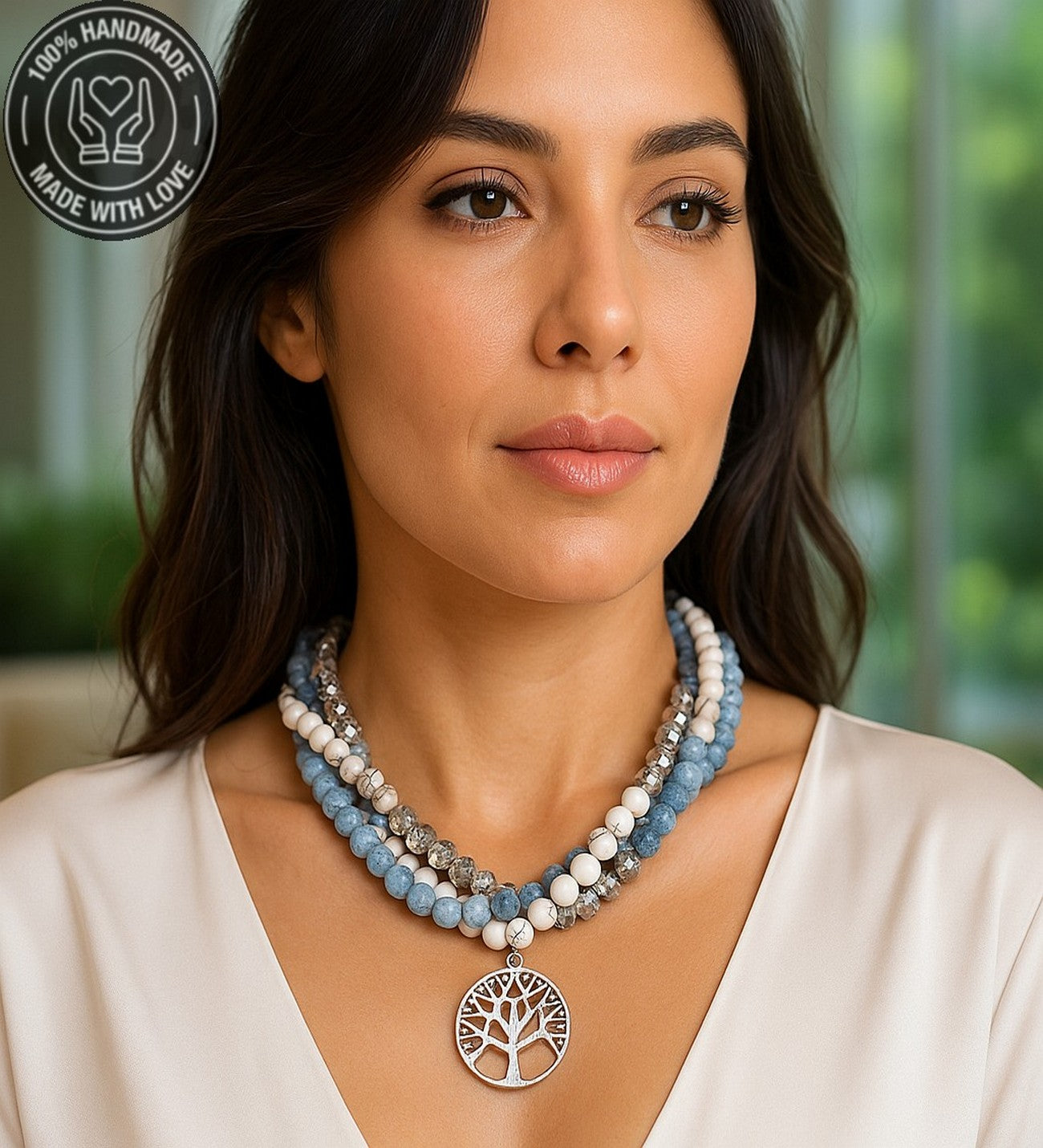 Akuamarin Ceyt Havlit Kristal 3 Sıralı Şifa Enerji Ve Cesaret Kolyesi