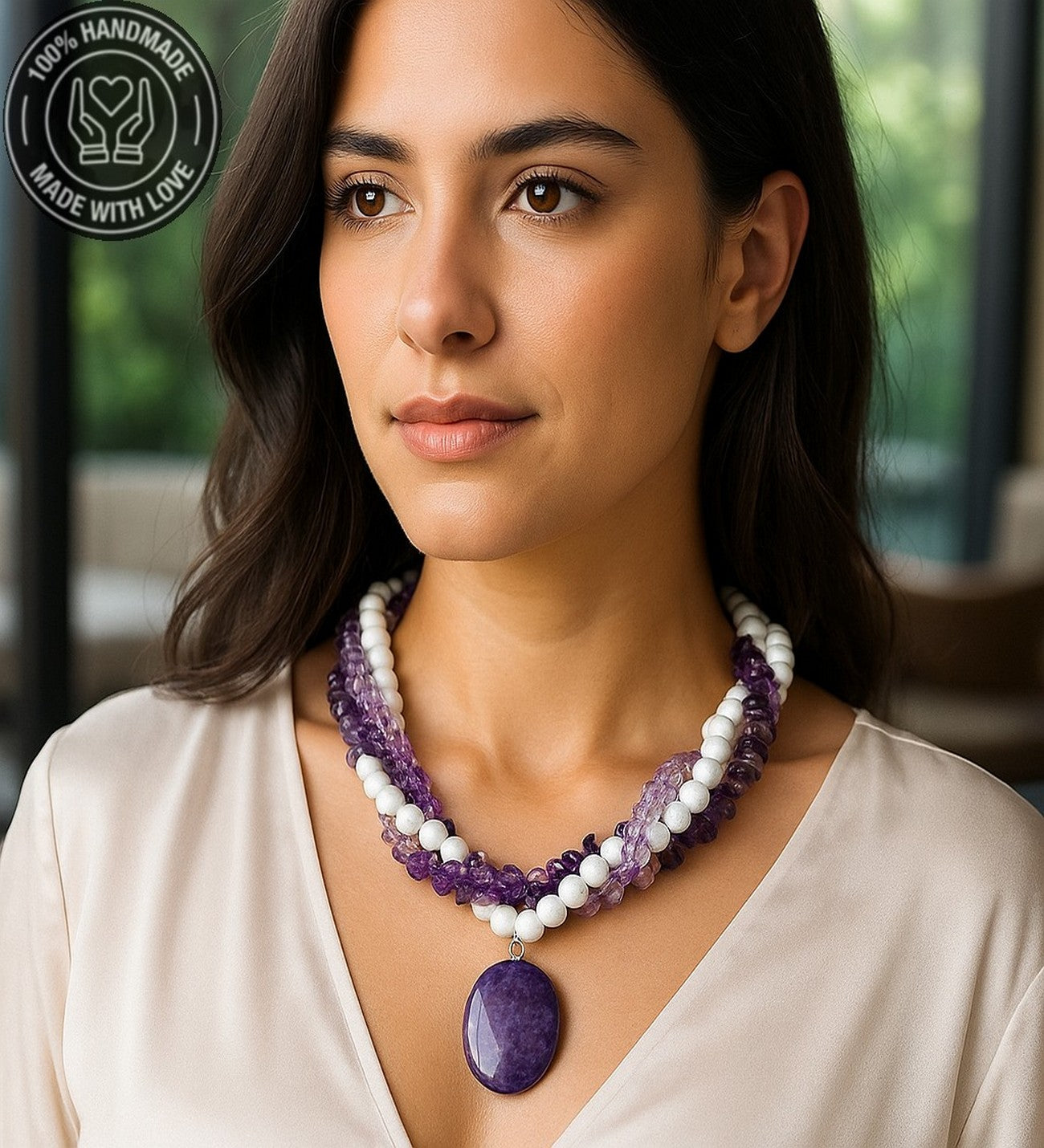 Ametist Havlit Kristal Üç Sıralı Karar Verme Sezgisel Güç Ve Negatif Enerji Temizleme Kolyesi