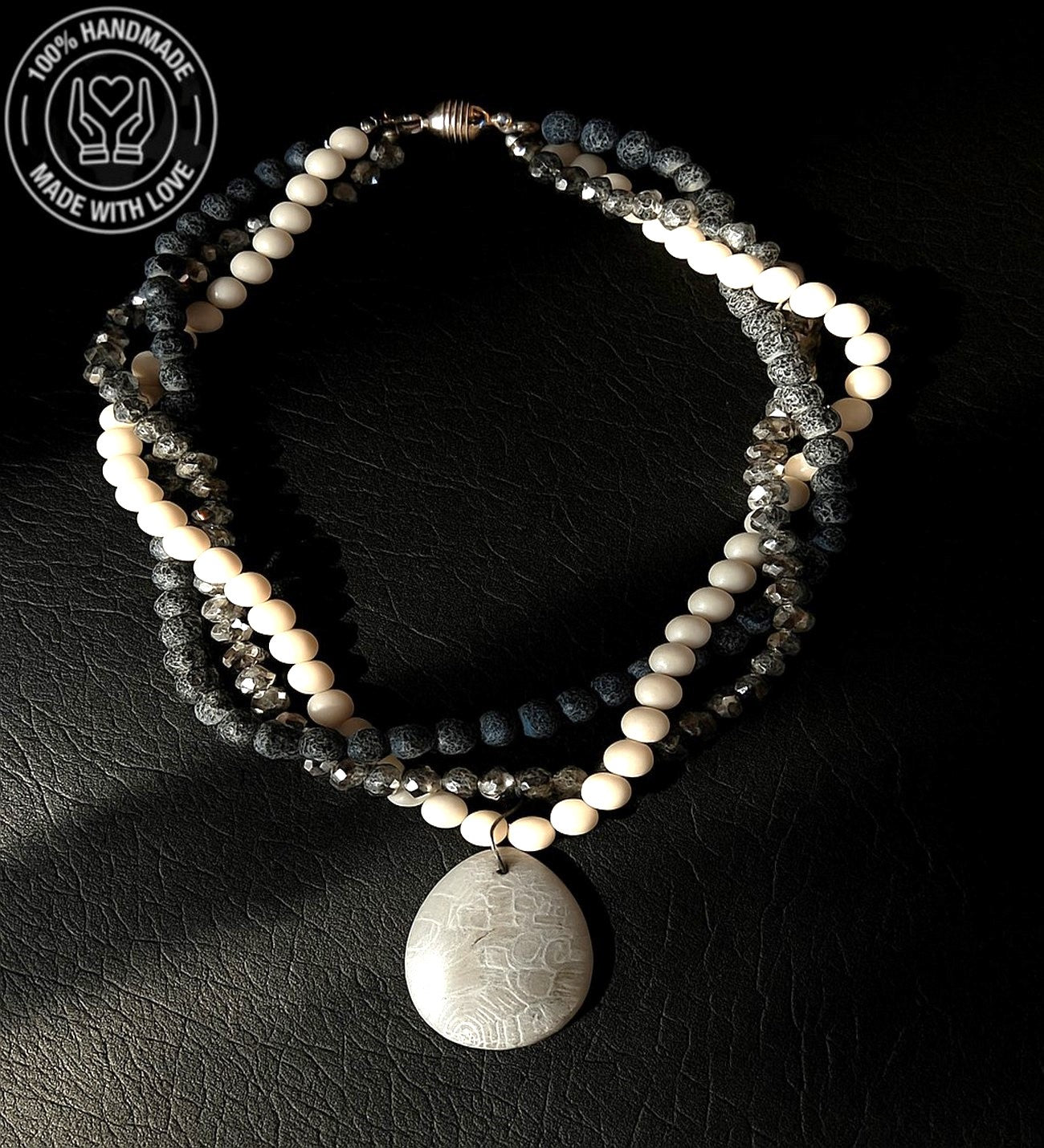 Buzlu Siyah Akik Beyaz Akik Kristal 3 Sıralı Nazar Koruması, Zihinsel Berraklık Ve Huzur Kolyesi