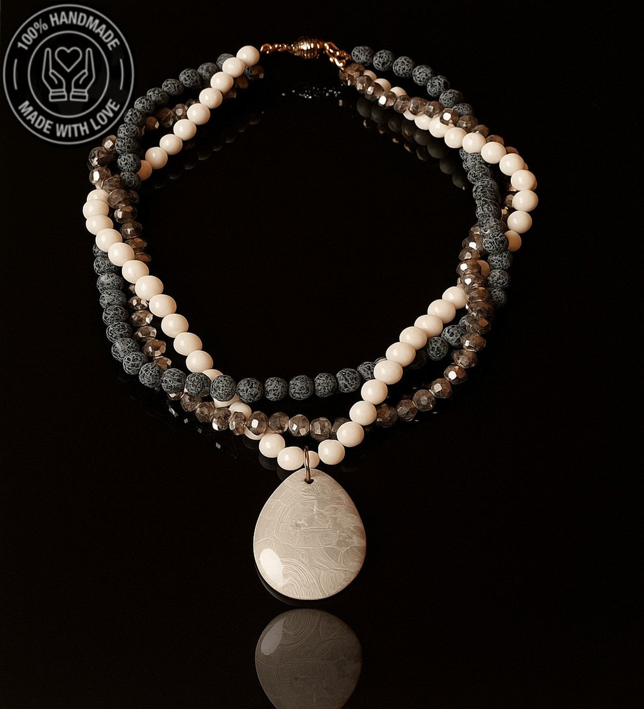 Buzlu Siyah Akik Beyaz Akik Kristal 3 Sıralı Nazar Koruması, Zihinsel Berraklık Ve Huzur Kolyesi