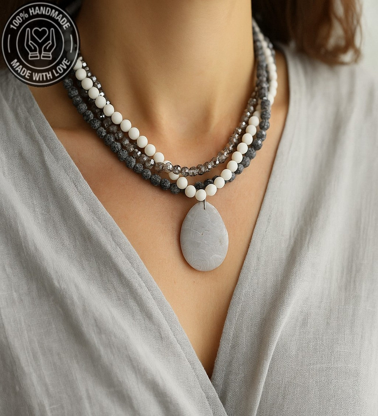 Buzlu Siyah Akik Beyaz Akik Kristal 3 Sıralı Nazar Koruması, Zihinsel Berraklık Ve Huzur Kolyesi