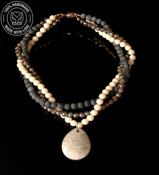 Buzlu Siyah Akik Beyaz Akik Kristal 3 Sıralı Nazar Koruması, Zihinsel Berraklık Ve Huzur Kolyesi