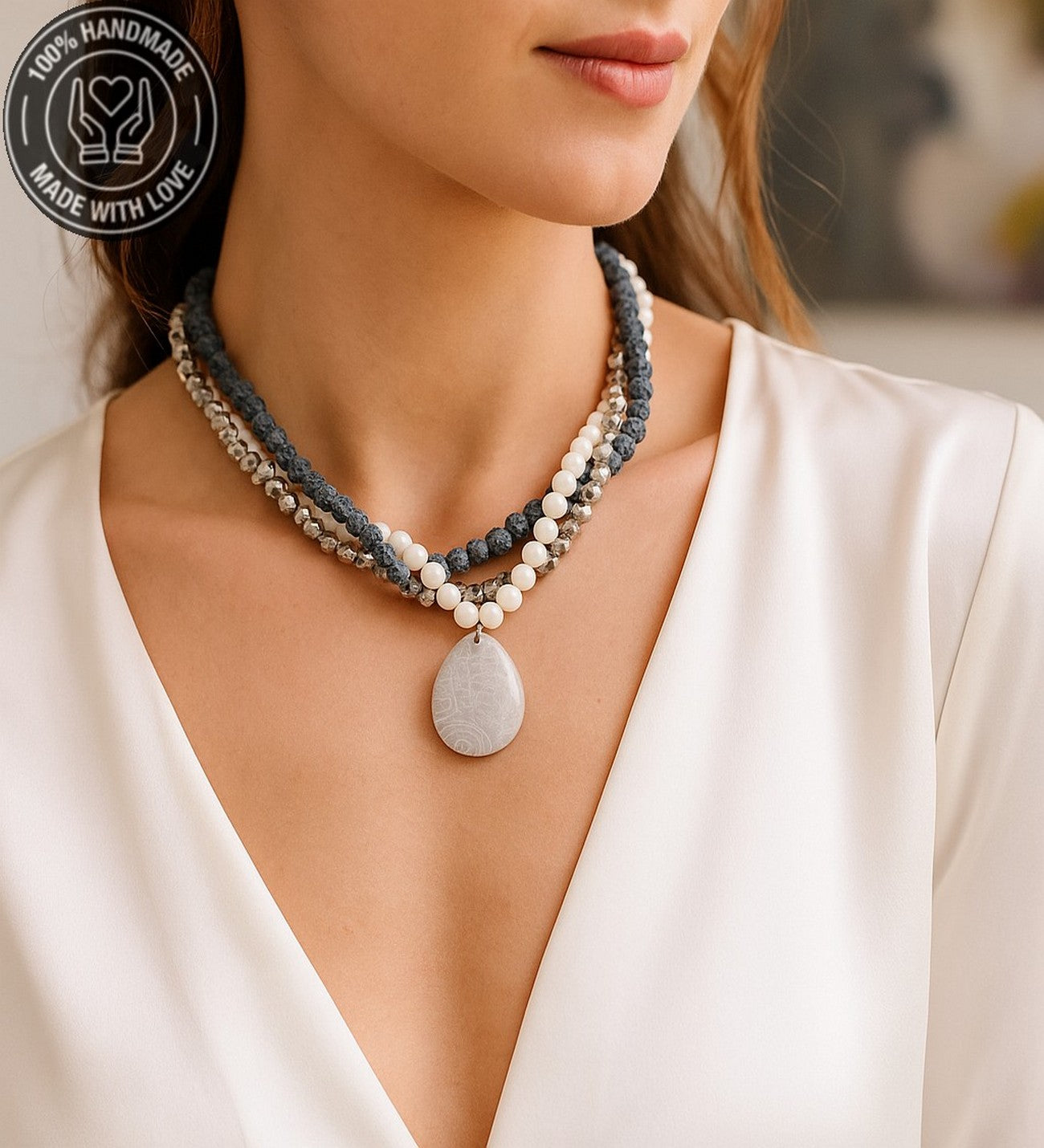 Buzlu Siyah Akik Beyaz Akik Kristal 3 Sıralı Nazar Koruması, Zihinsel Berraklık Ve Huzur Kolyesi