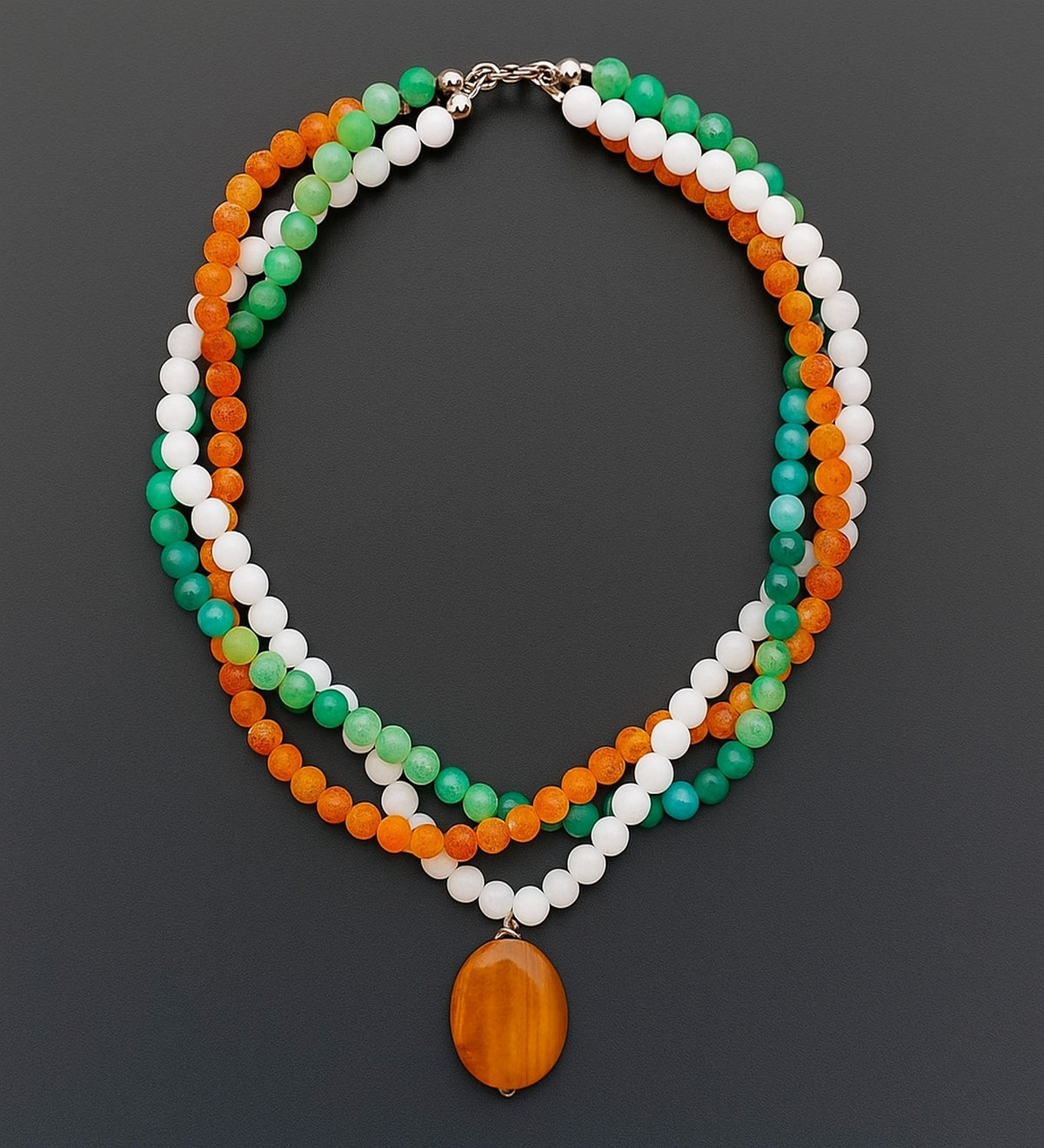 Iced Orange Agate Green Agate White Agate 3-Strand Evil Eye Protection Healing and Positive Energy Necklace