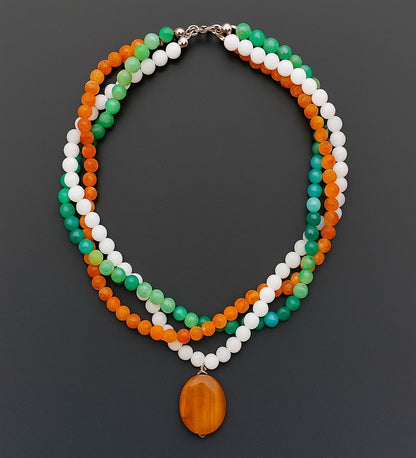 Iced Orange Agate Green Agate White Agate 3-Strand Evil Eye Protection Healing and Positive Energy Necklace