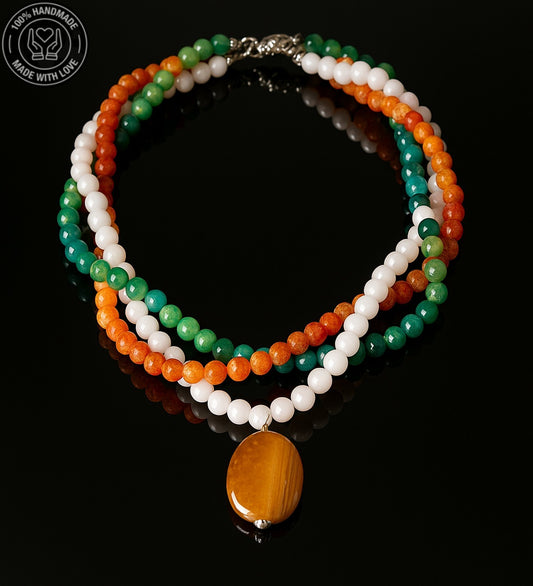 Buzlu Turuncu Akik Yeşil Akik Beyaz Akik 3 Sıralı Nazar Koruması Şifa Ve Pozitif Enerji Kolyesi