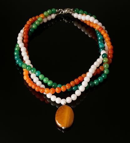 Iced Orange Agate Green Agate White Agate 3-Strand Evil Eye Protection Healing and Positive Energy Necklace