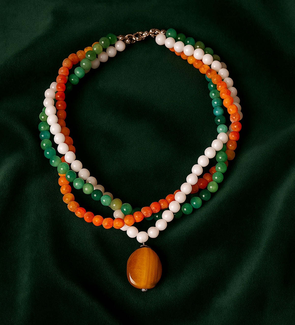 Iced Orange Agate Green Agate White Agate 3-Strand Evil Eye Protection Healing and Positive Energy Necklace
