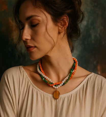 Iced Orange Agate Green Agate White Agate 3-Strand Evil Eye Protection Healing and Positive Energy Necklace