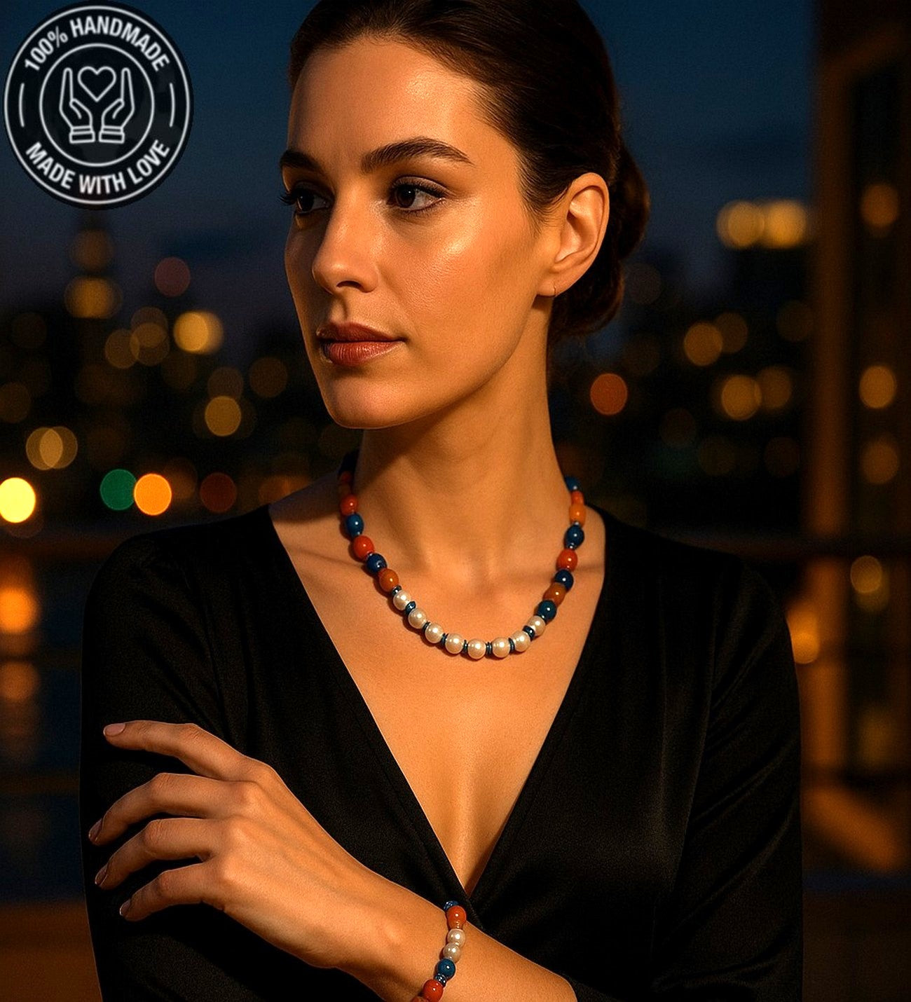 Gerçek Inci Mavi Akik Turuncu Akik Zarafet, Iletişim Ve Nazardan Korunma Kolye Bileklik Seti