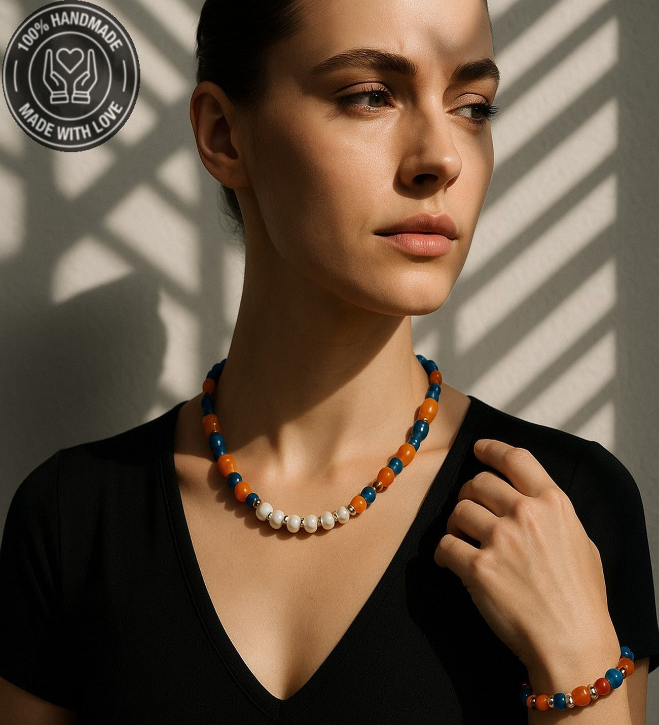 Gerçek Inci Mavi Akik Turuncu Akik Zarafet, Iletişim Ve Nazardan Korunma Kolye Bileklik Seti