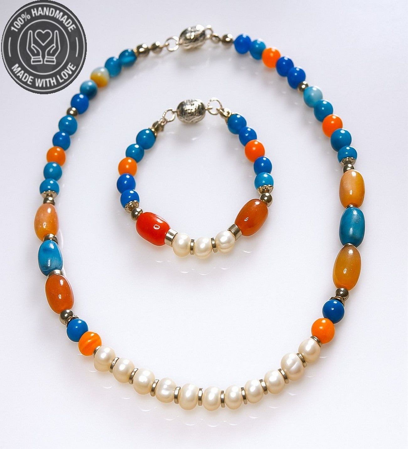 Gerçek Inci Mavi Akik Turuncu Akik Zarafet, Iletişim Ve Nazardan Korunma Kolye Bileklik Seti