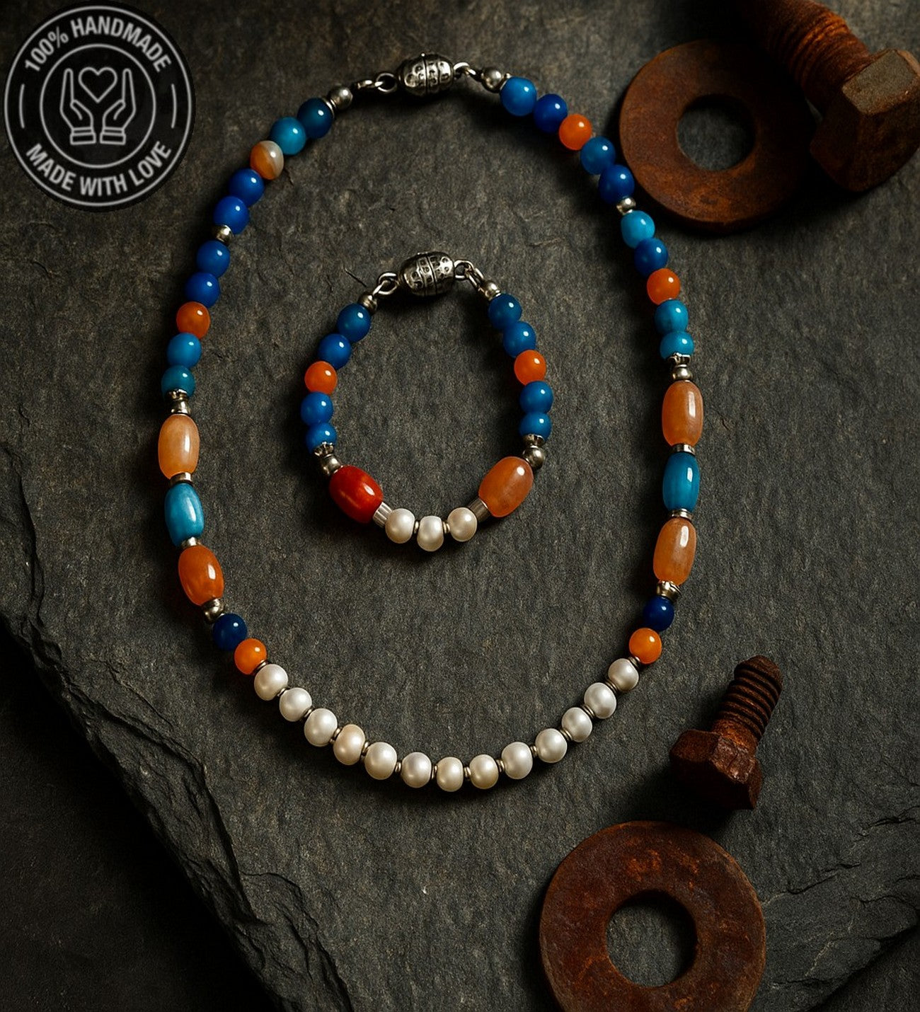Gerçek Inci Mavi Akik Turuncu Akik Zarafet, Iletişim Ve Nazardan Korunma Kolye Bileklik Seti