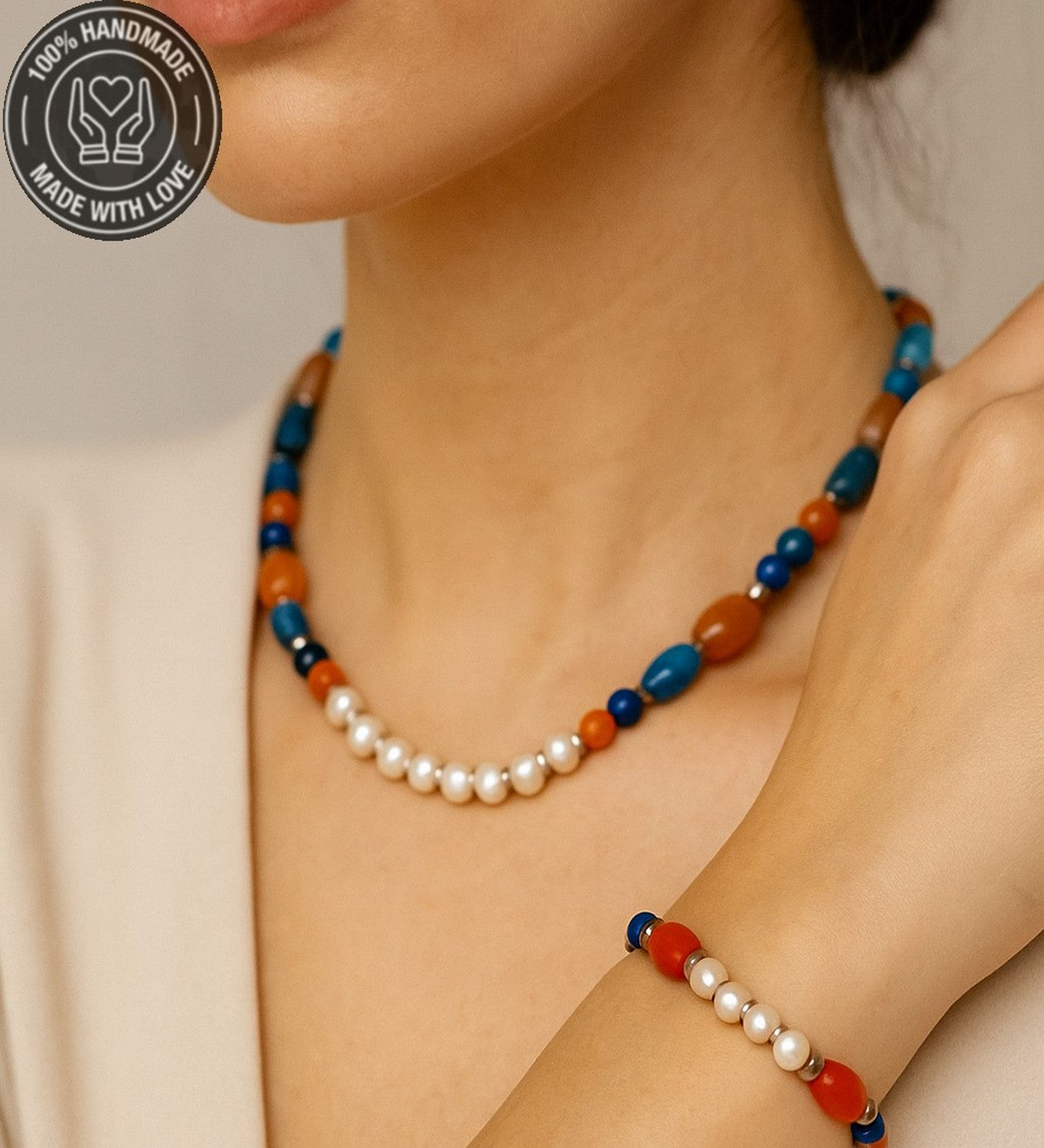 Gerçek Inci Mavi Akik Turuncu Akik Zarafet, Iletişim Ve Nazardan Korunma Kolye Bileklik Seti