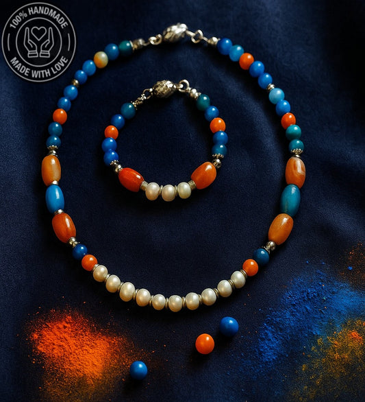 Gerçek Inci Mavi Akik Turuncu Akik Zarafet, Iletişim Ve Nazardan Korunma Kolye Bileklik Seti