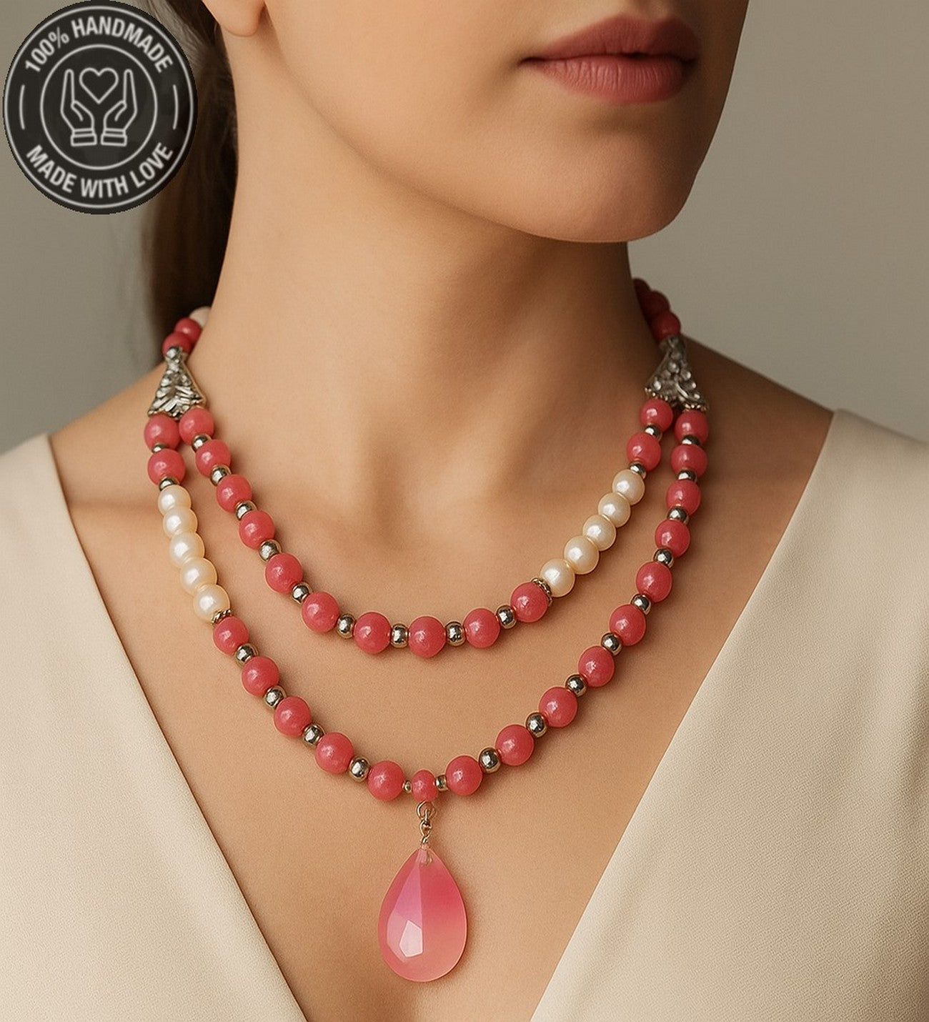 İnci Pembe Kuvars Iki Sıralı Özgüven Huzur Ve Zarafet Kolyesi