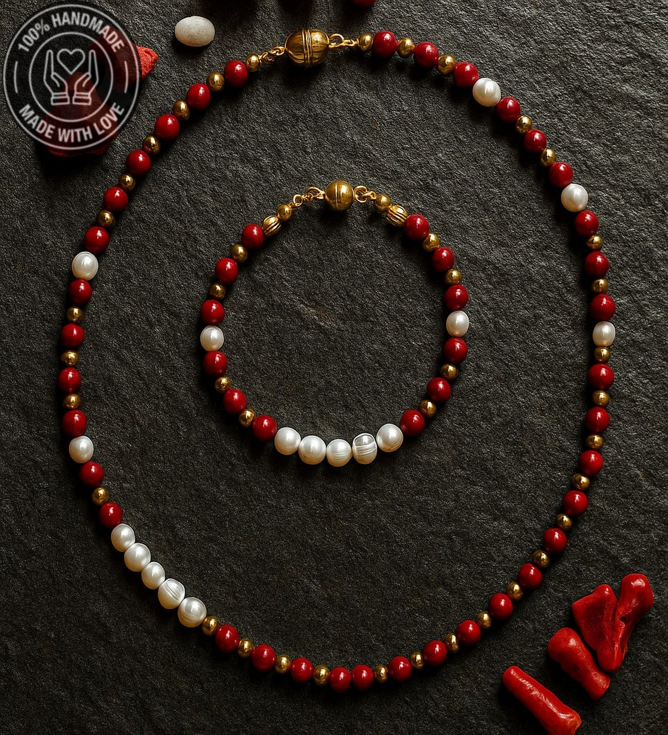 Gerçek Inci Mercan Duygusal Denge Ve Nazardan Korunma Kolye Bileklik Seti