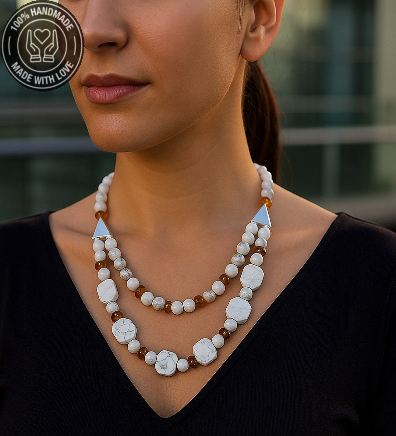 Havlit Kehribar Iki Sıralı Huzur, Bereket Ve Denge Kolyesi