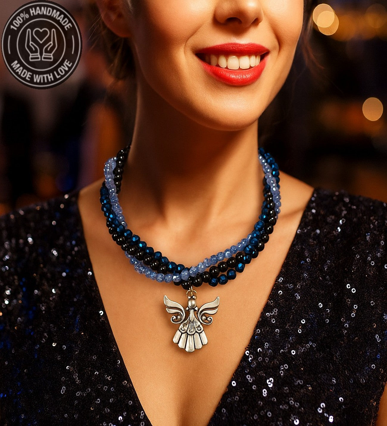 Hematit Oniks Kristal Üç Sıralı Enerji Zihin Ve Nazardan Koruma Kolyesi