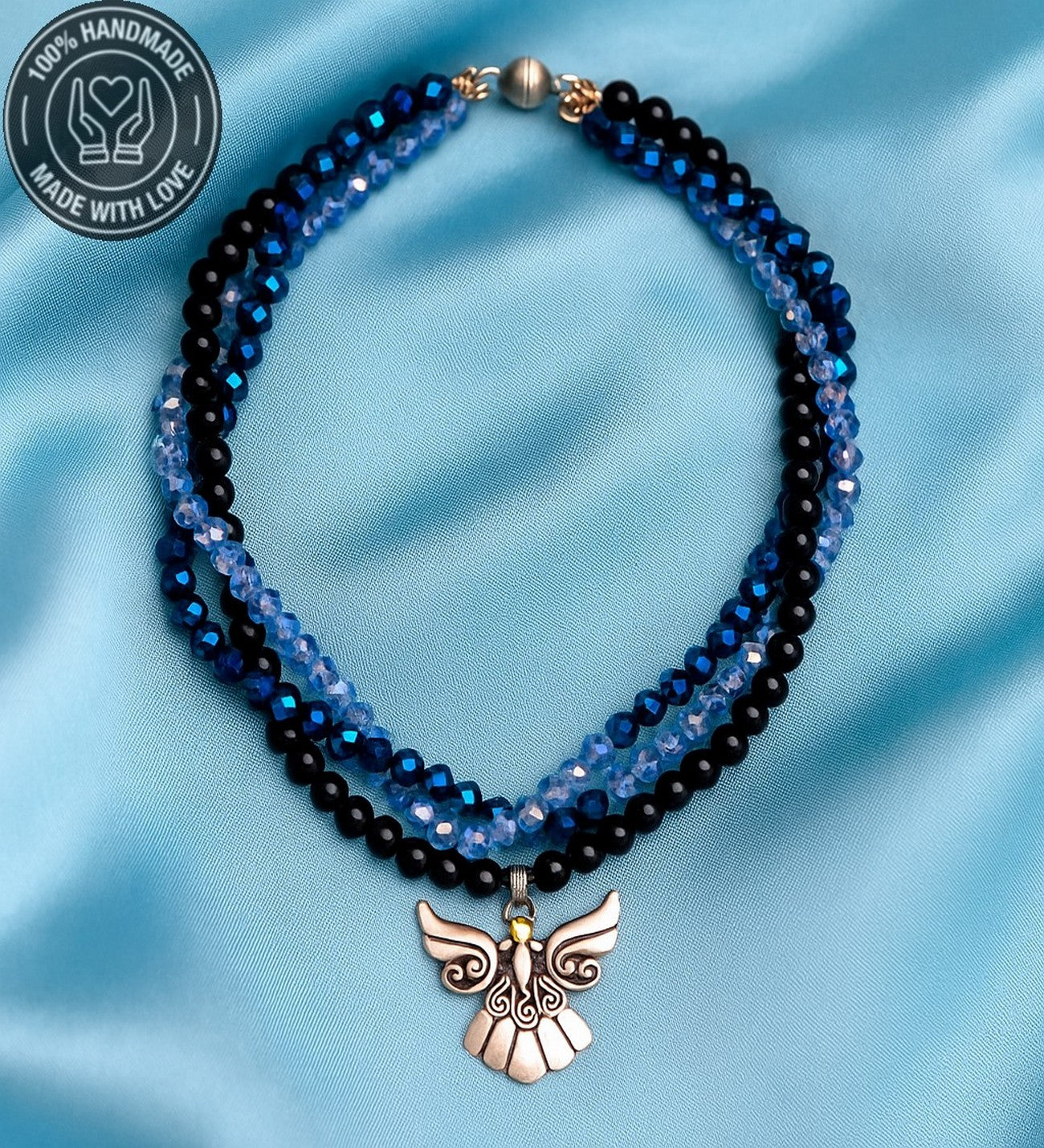 Hematit Oniks Kristal Üç Sıralı Enerji Zihin Ve Nazardan Koruma Kolyesi