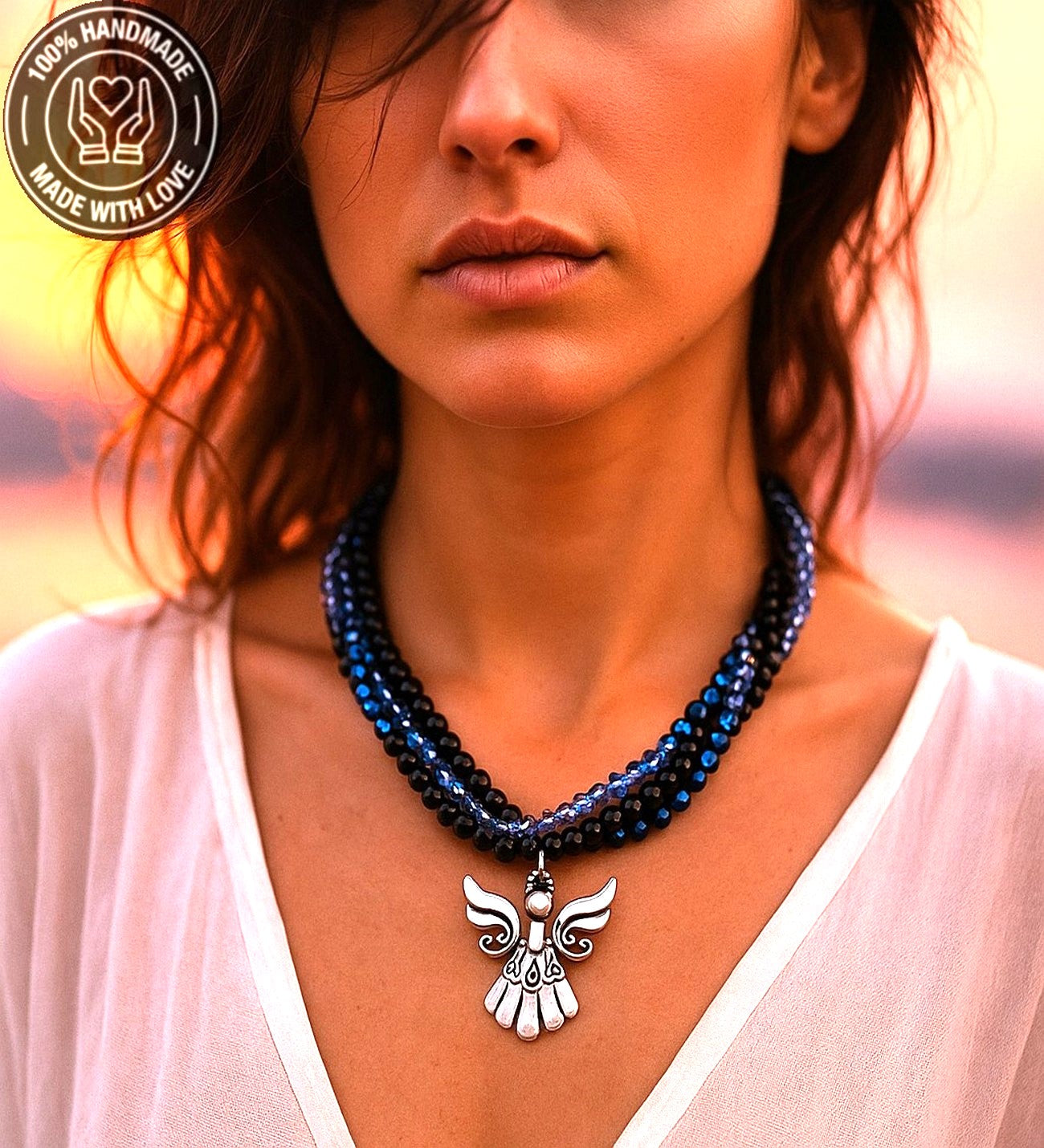 Hematit Oniks Kristal Üç Sıralı Enerji Zihin Ve Nazardan Koruma Kolyesi