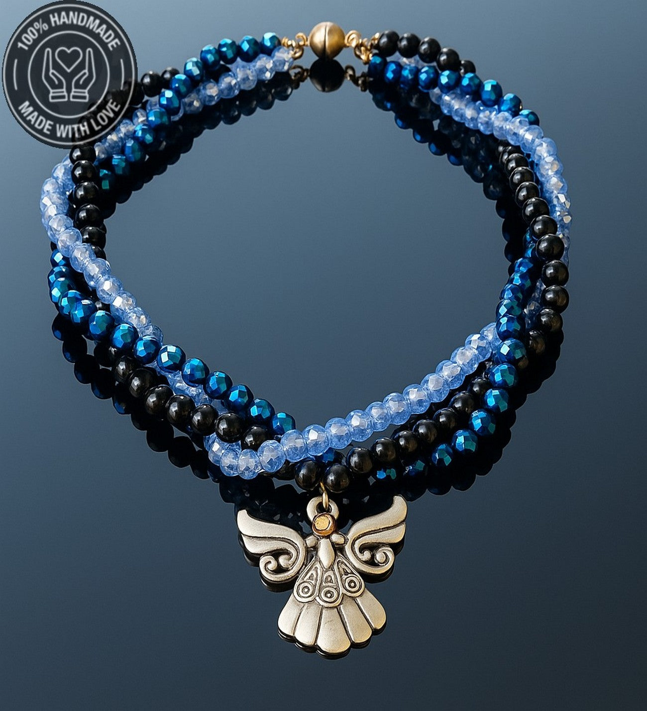 Hematit Oniks Kristal Üç Sıralı Enerji Zihin Ve Nazardan Koruma Kolyesi