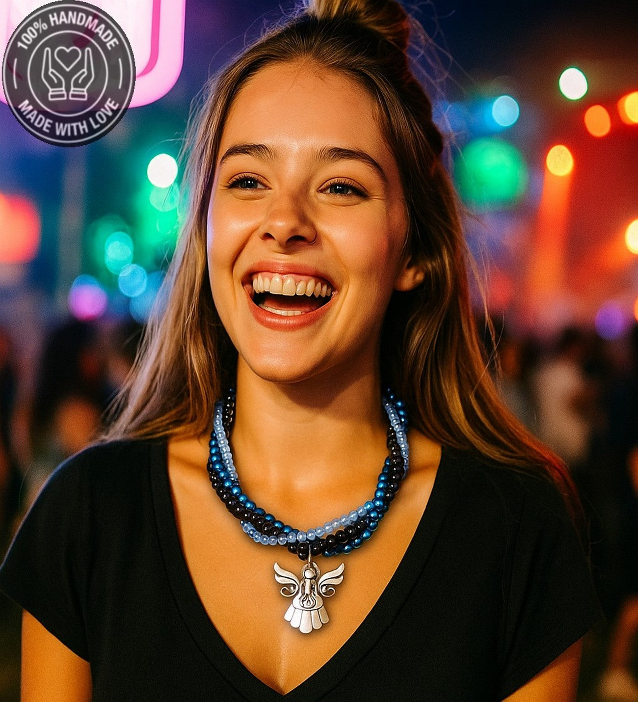 Hematit Oniks Kristal Üç Sıralı Enerji Zihin Ve Nazardan Koruma Kolyesi