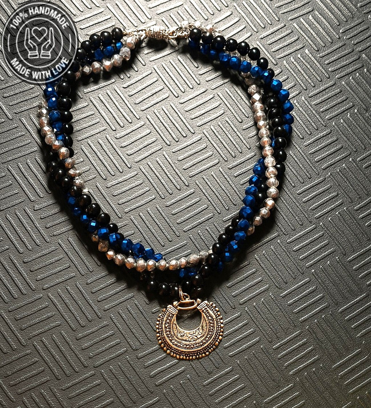 Hematit Oniks Kristal Üç Sıralı Enerji Zihin Ve Nazardan Koruma Kolyesi