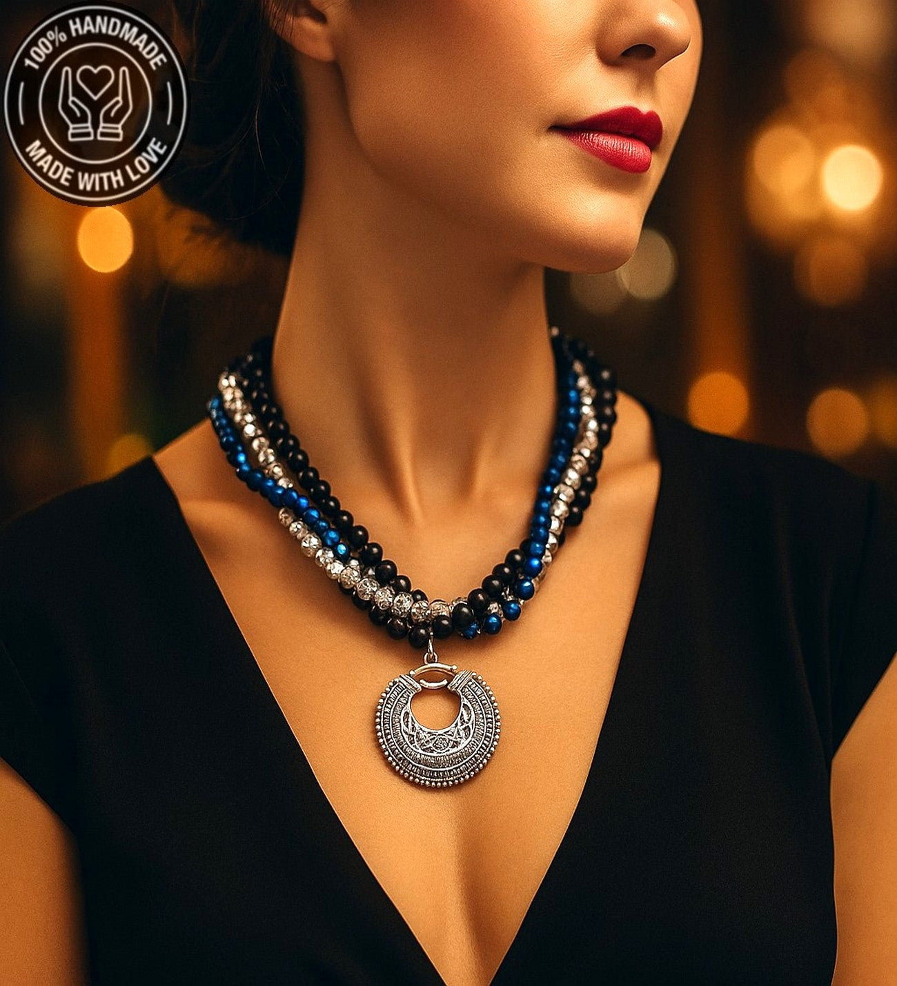 Hematit Oniks Kristal Üç Sıralı Enerji Zihin Ve Nazardan Koruma Kolyesi