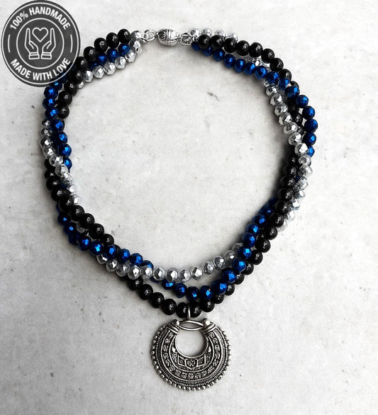 Hematit Oniks Kristal Üç Sıralı Enerji Zihin Ve Nazardan Koruma Kolyesi