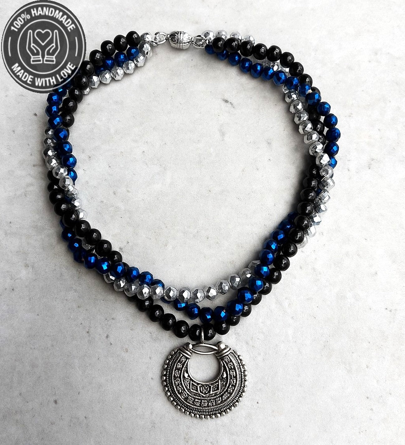 Hematit Oniks Kristal Üç Sıralı Enerji Zihin Ve Nazardan Koruma Kolyesi