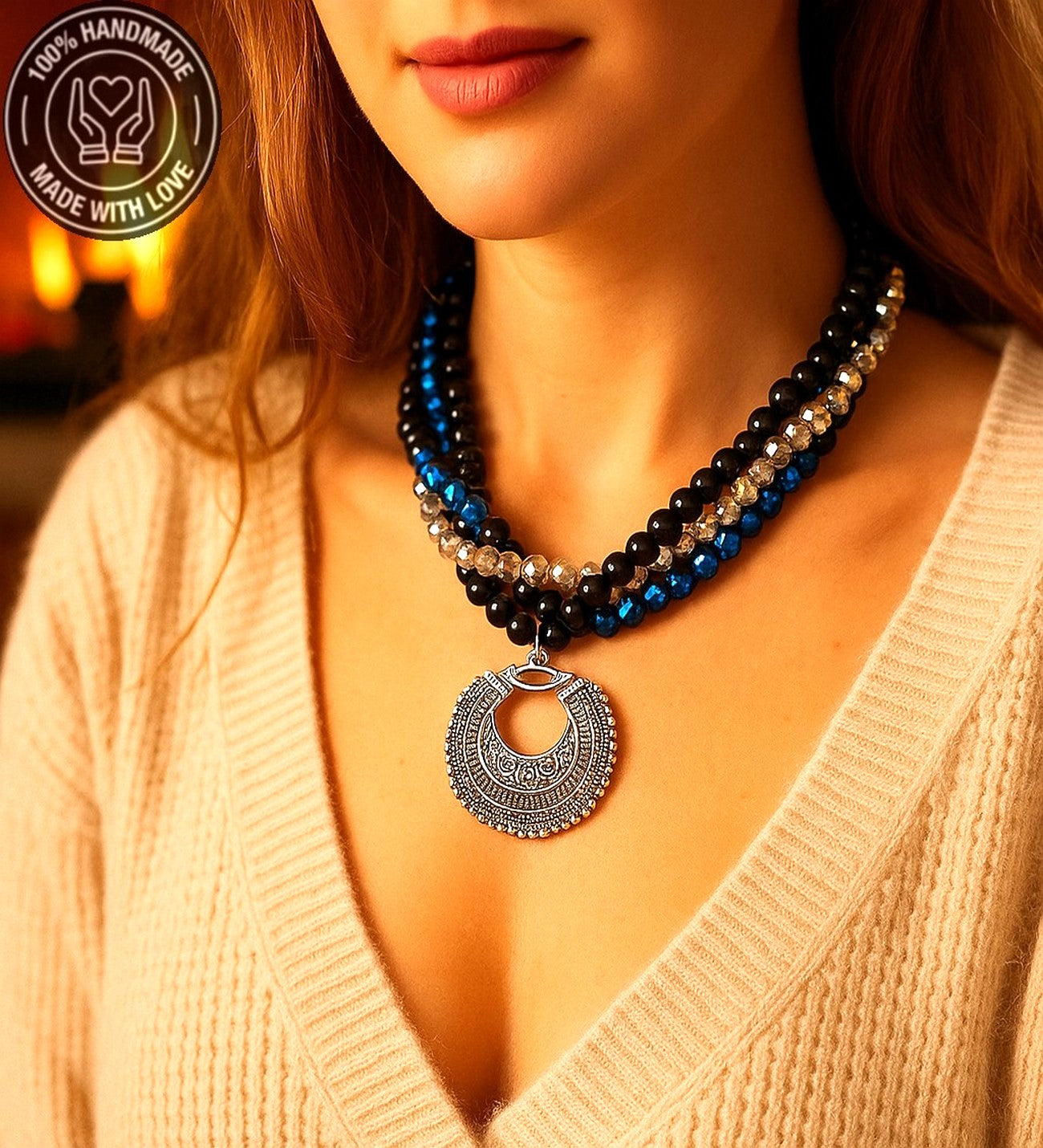 Hematit Oniks Kristal Üç Sıralı Enerji Zihin Ve Nazardan Koruma Kolyesi