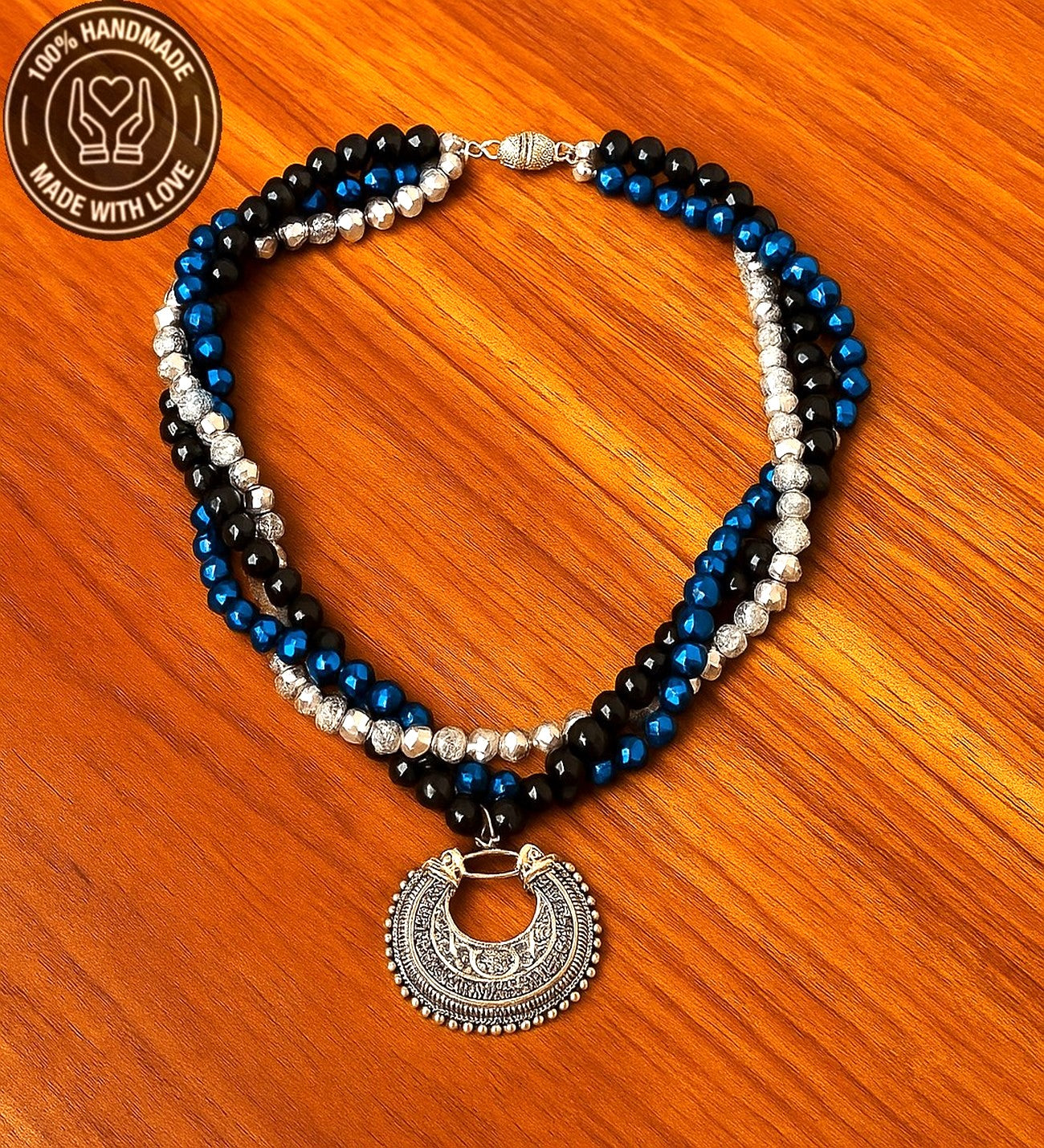 Hematit Oniks Kristal Üç Sıralı Enerji Zihin Ve Nazardan Koruma Kolyesi