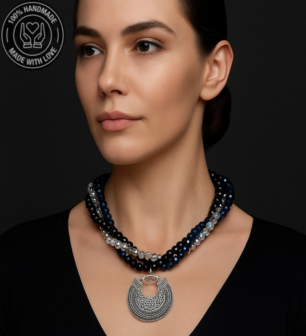 Hematit Oniks Kristal Üç Sıralı Enerji Zihin Ve Nazardan Koruma Kolyesi