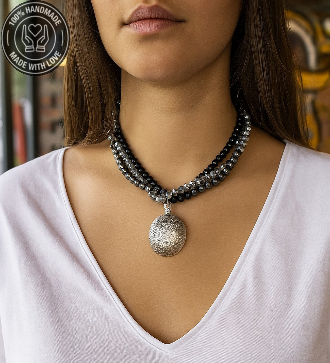 Hematit Oniks Kristal 3 Sıralı Güç, Nazardan Koruma Ve Zihinsel Berraklık Kolyesi