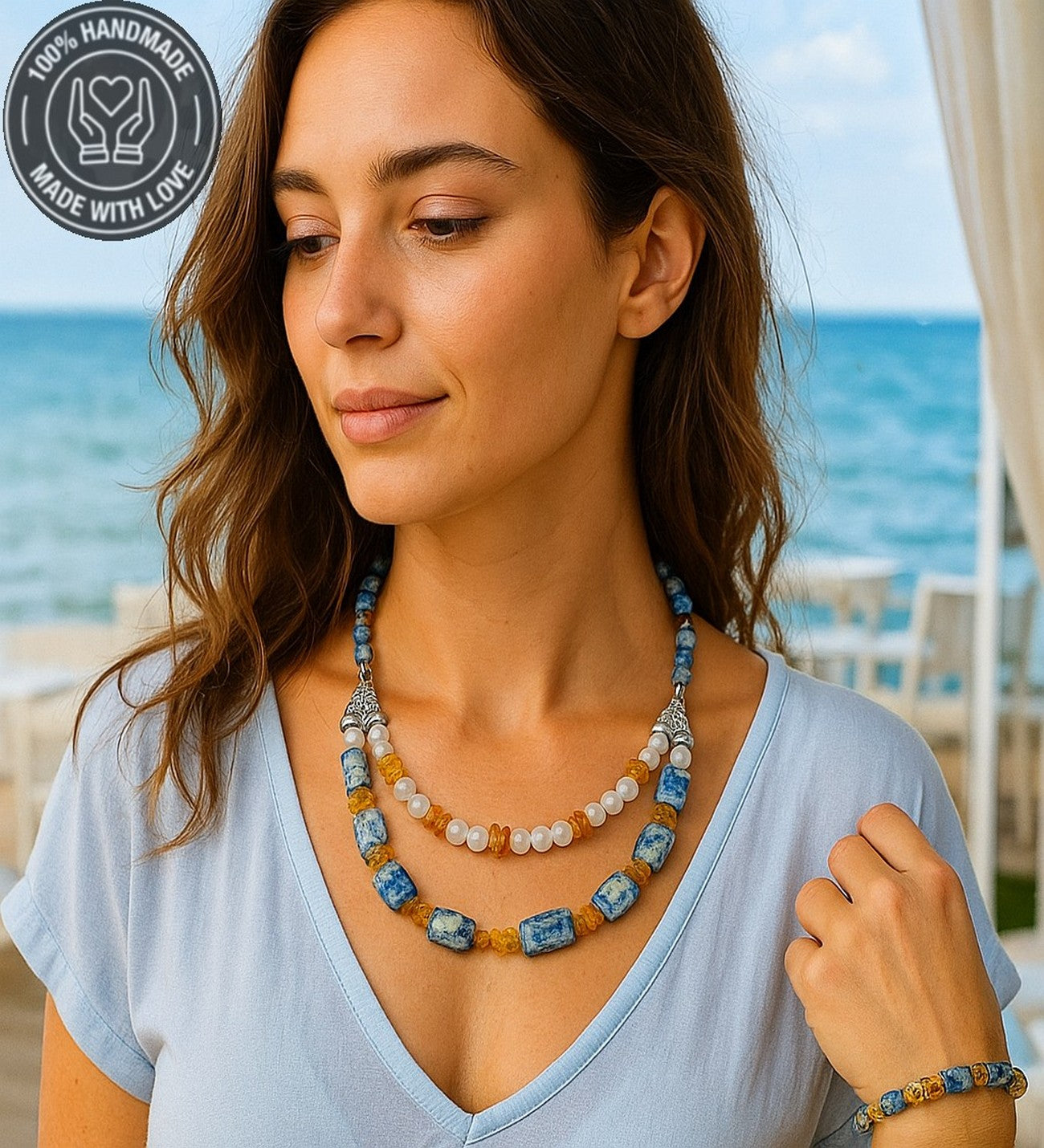 Kehribar Sodalit Dumanlı Akik Enerji, Mantık Ve Zihinsel Berraklık Kolye Bileklik Seti