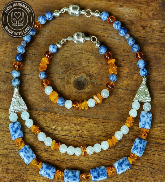 Kehribar Sodalit Dumanlı Akik Enerji, Mantık Ve Zihinsel Berraklık Kolye Bileklik Seti